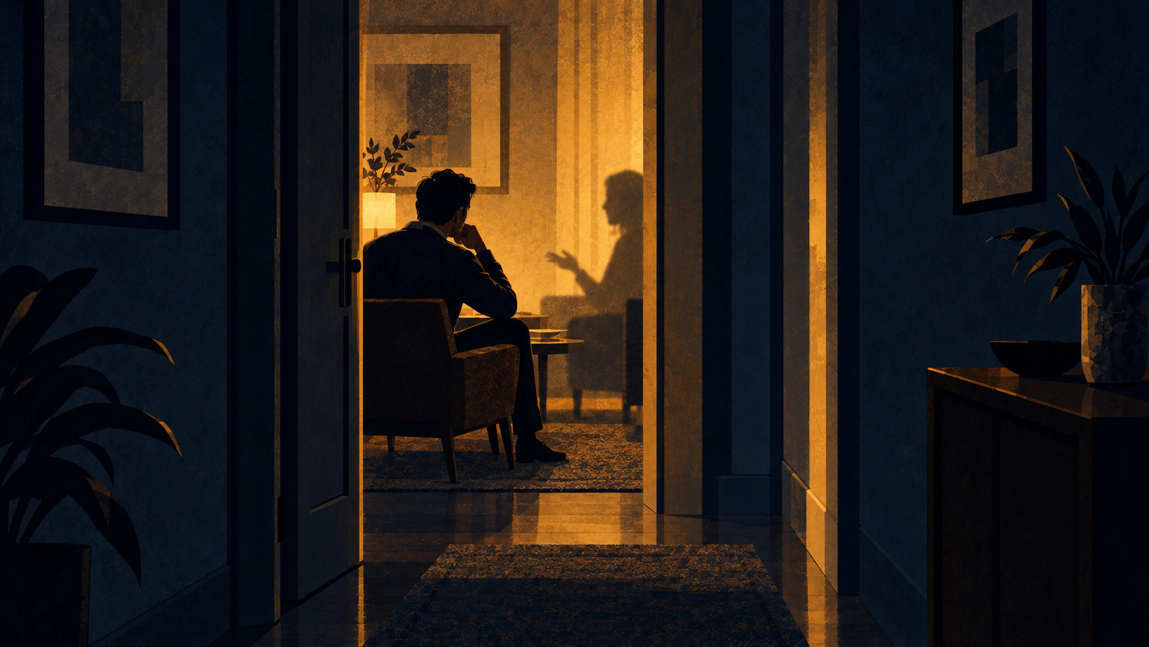 A man sits alone at a lamplit table; down a hallway, a half-open door lets warm light spill in from the next room, where the shadow of another person is visible but out of reach.