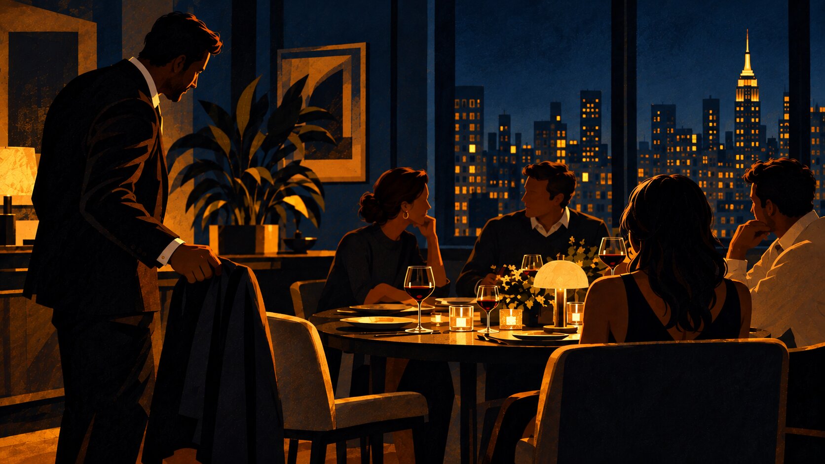 A man in a dark jacket arrives at a casual dinner party and drapes the jacket over the back of a chair